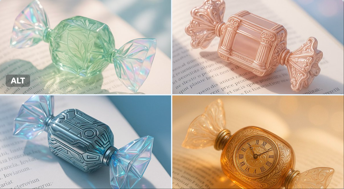 A glossy candy-shaped perfume bottle resting on an open book, soft morning light, delicate shadows, dreamy bokeh back…
