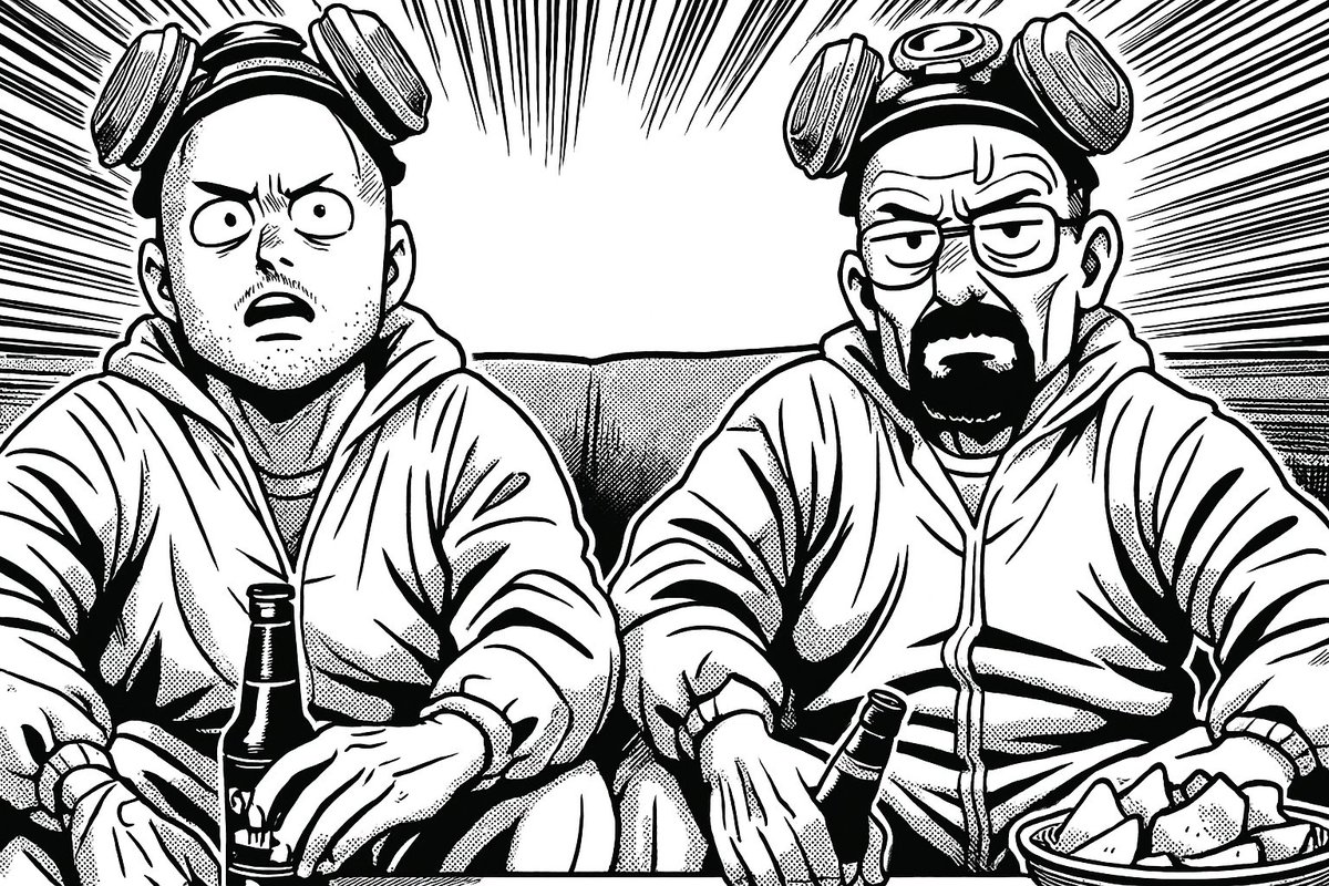 Transform this image into a Japanese gag manga style illustration. Use a high-contrast black-and-white color palette…