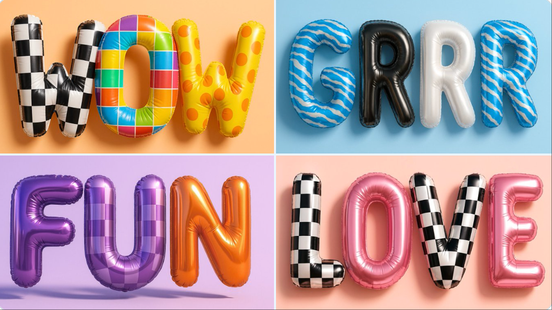 Create a hyper-realistic 3D rendering of balloon letters forming the word . Each letter should look like a shiny, inf…