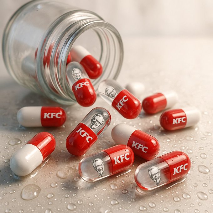 Hyper-realistic poster, 1080x1080. Small glossy/glass capsules spilling from a transparent medicine bottle onto a wet…