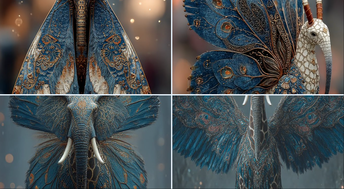 A highly detailed and surreal depiction of a mythical bird creature. It has the elegant, colorful body of a butterfly…