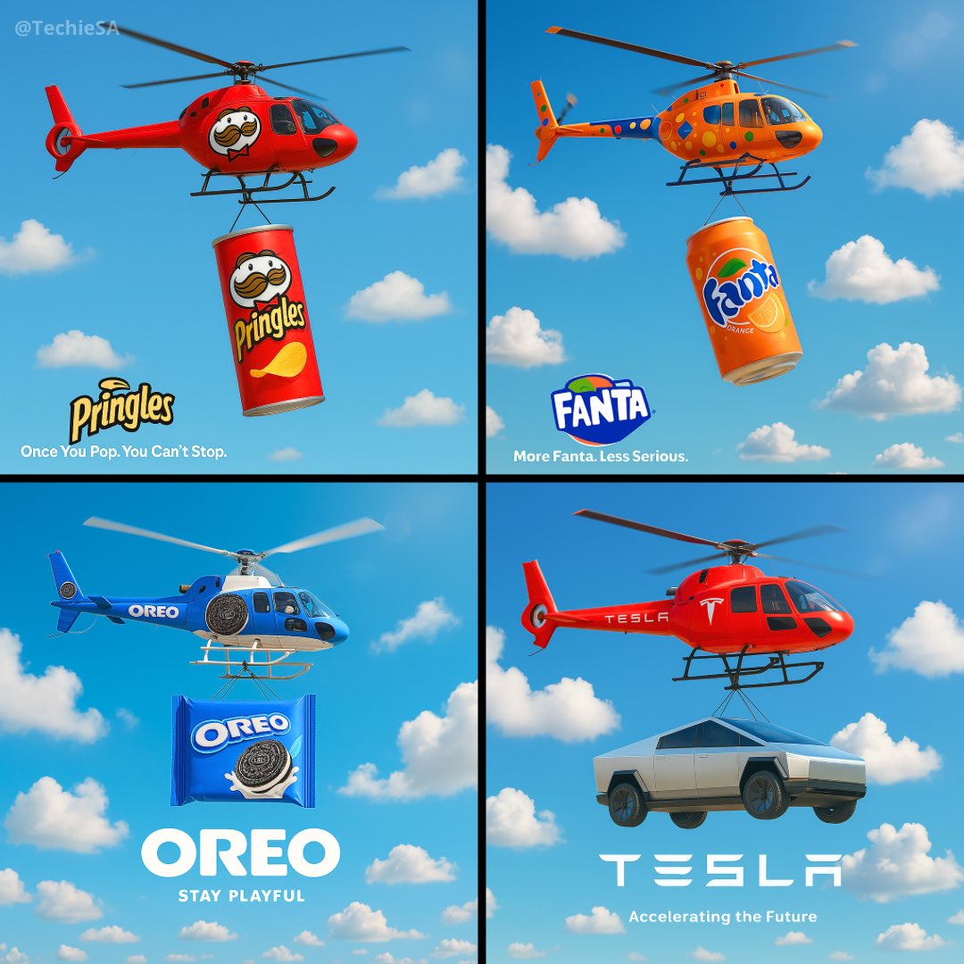 Create a hyper-realistic, square 1:1 image featuring a small helicopter flying through a bright blue sky with fluffy…