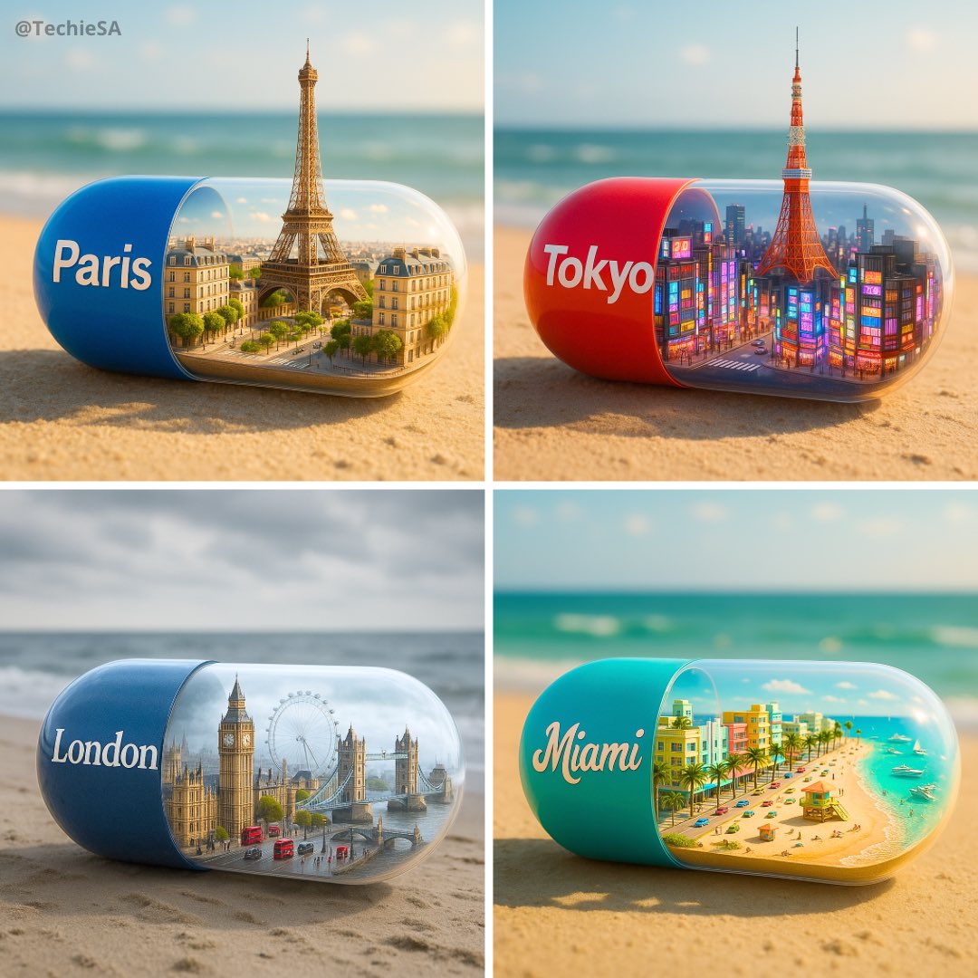 A vibrant, hyper-realistic miniature of inside a transparent capsule lying on a sandy beach. The capsule is half (mat…