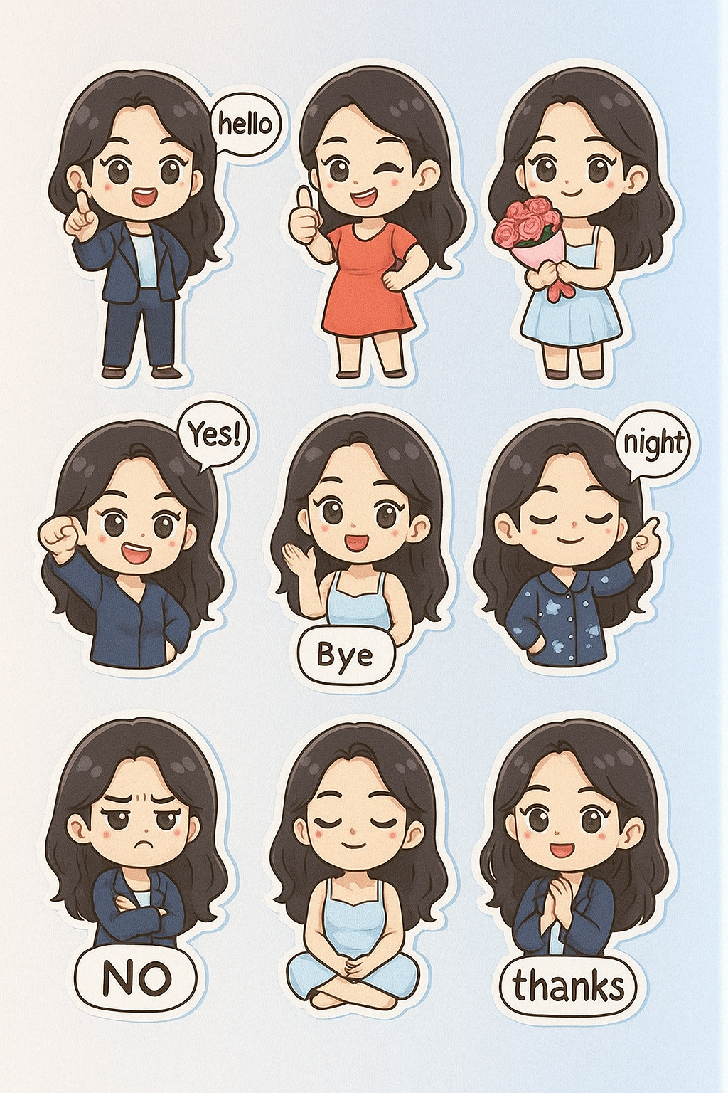 Create a 3D kawaii 10-16 canvas featuring nine chibi-style stickers in various outfits, poses, and expressions. Use t…