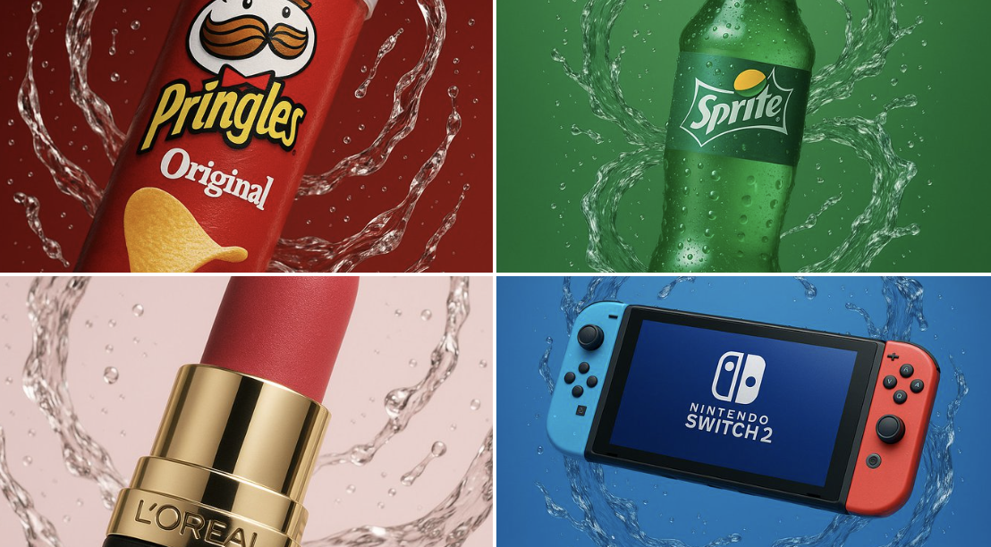 Create square image of studio-lit product photography of a suspended in mid-air, lots of thick dynamic water swirls s…