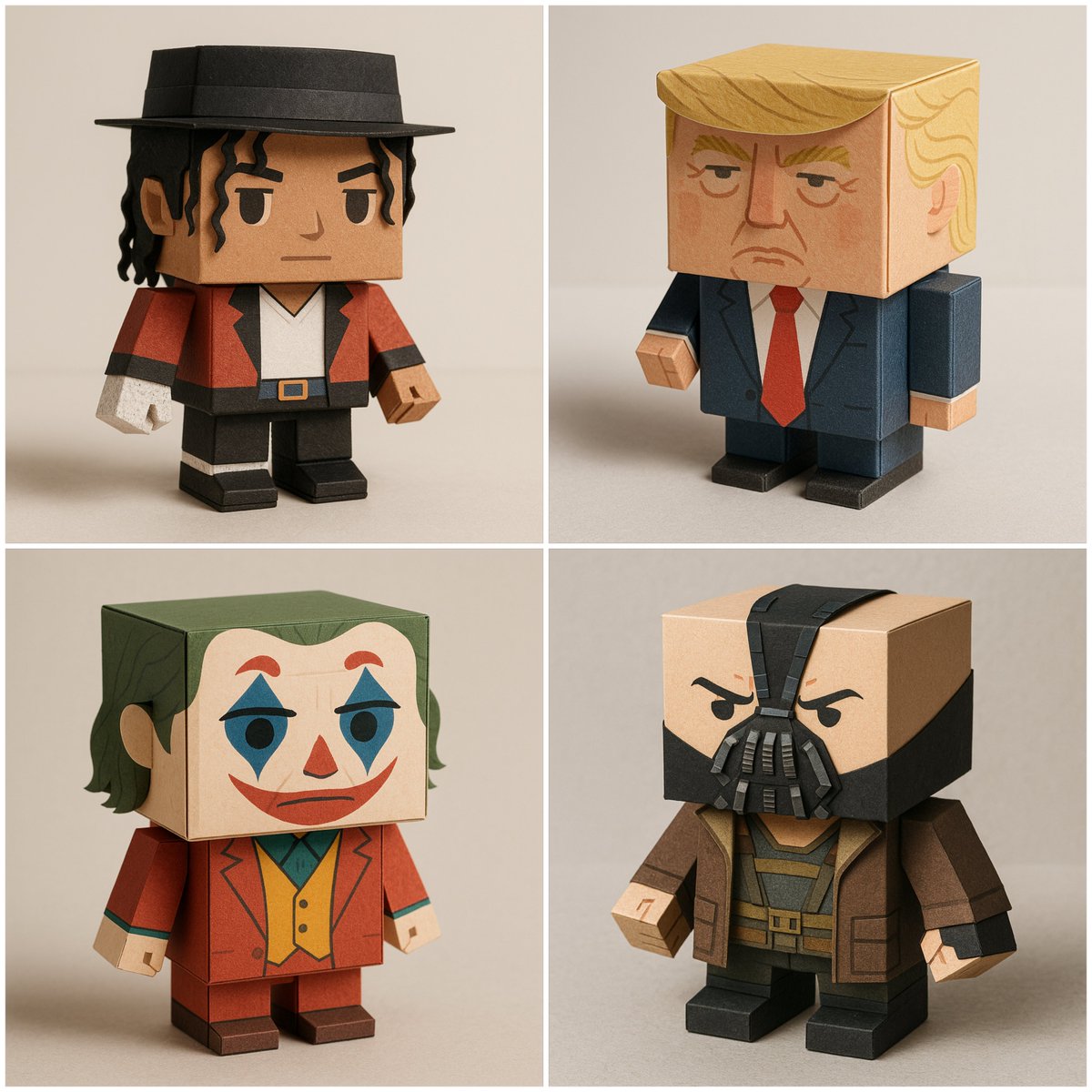 1×1 square, ultra-detailed render of a box-shaped papertoy version of . Made from folded and cut matte cardstock with…