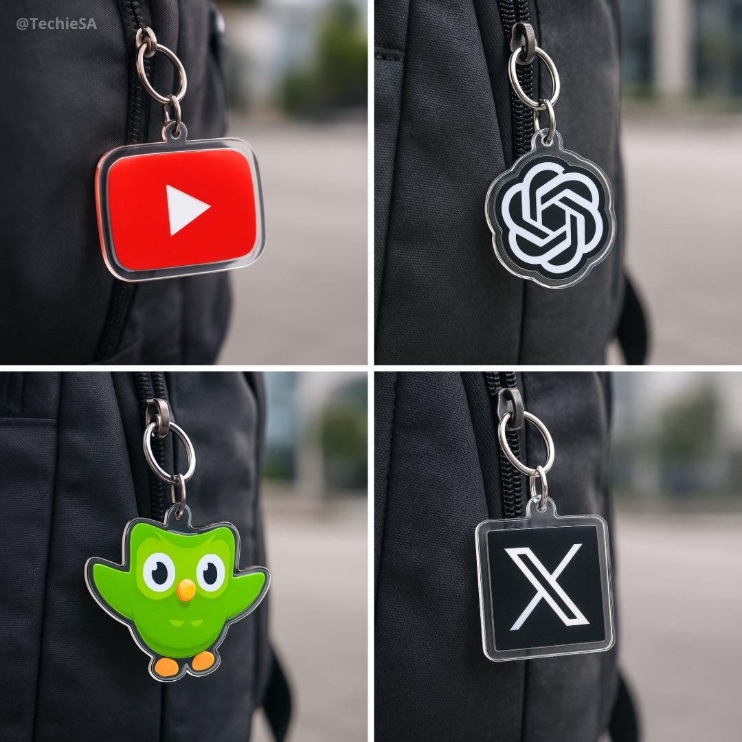 Create a photorealistic square image (1080x1080) showing a custom acrylic keychain version of the logo hanging from t…