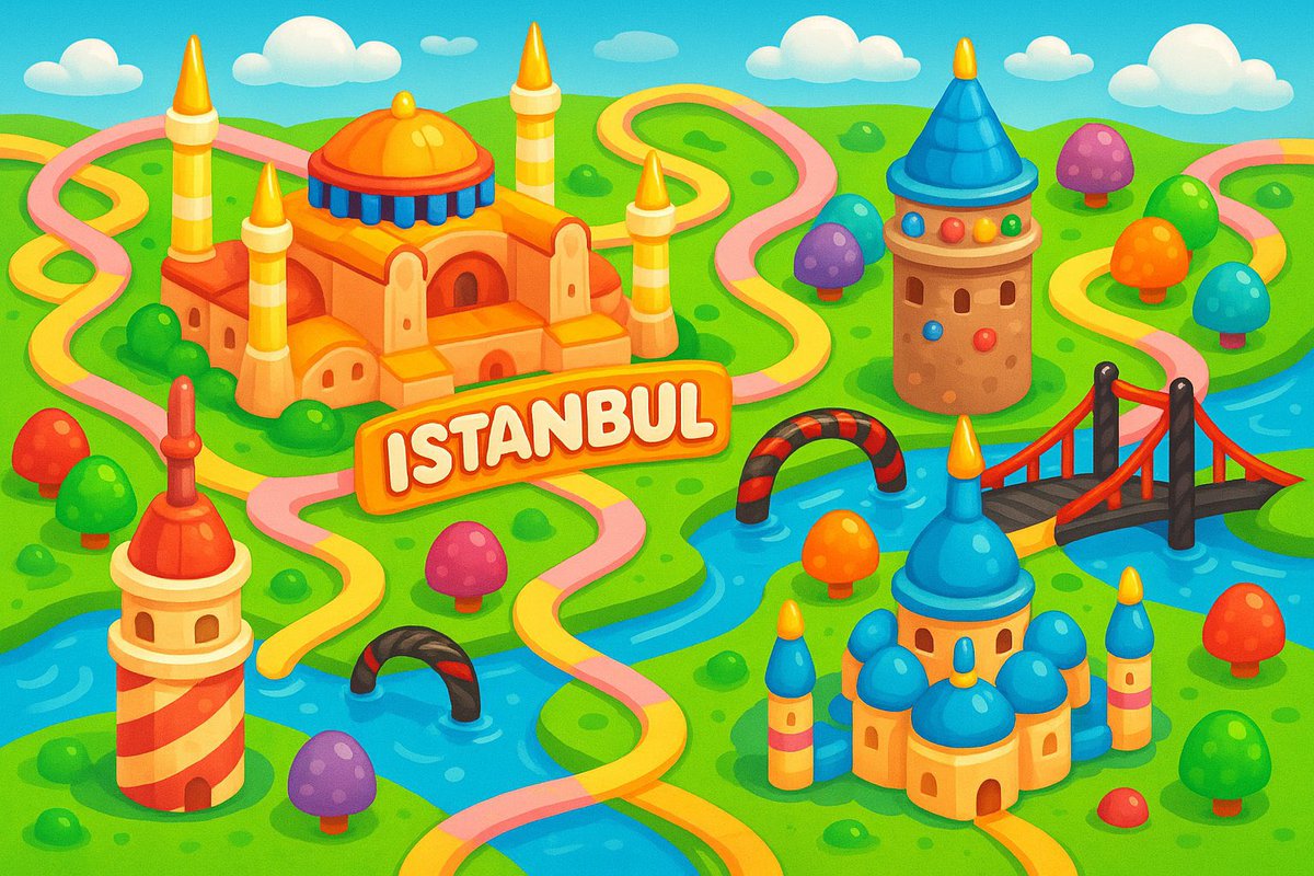 A colorful, playful 2D map of , in the style of Candy Crush Saga, featuring the city’s iconic landmarks as candy-insp…