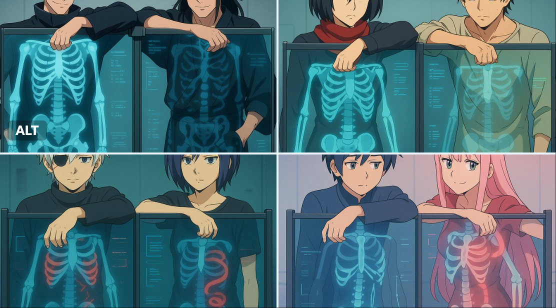 Two anime-style characters standing behind a futuristic transparent X-ray scanning panel, each leaning on it casually…