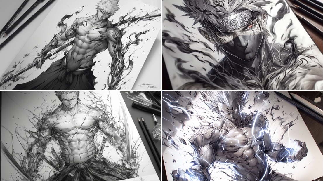 A pencil drawing of , with detailed lines and shading on white paper, capturing the energy and strength in his muscul…