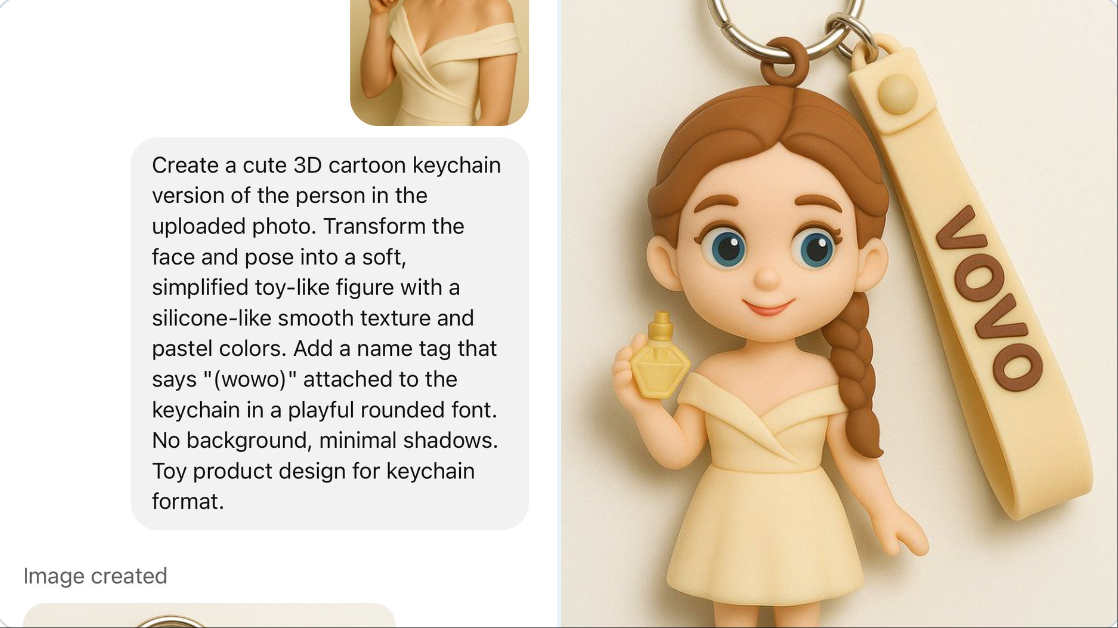 Create a cute 3D cartoon keychain version of the person in the uploaded photo. Transform the face and pose into a sof…