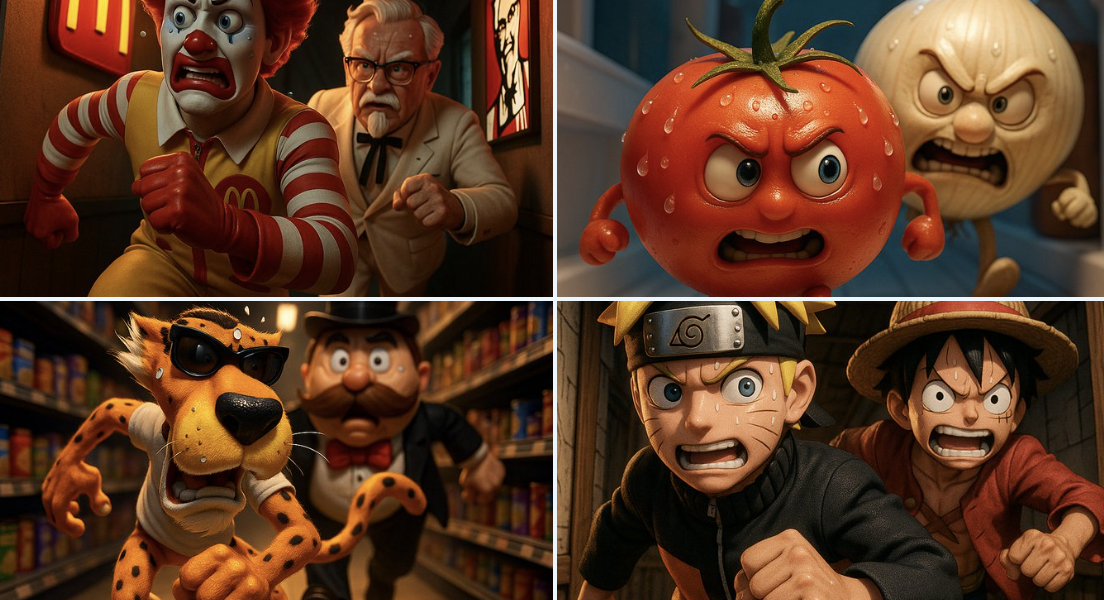 A thrilling 3D cartoon scene: runs through a narrow corridor inside , chased at high speed by . Their facial expressi…