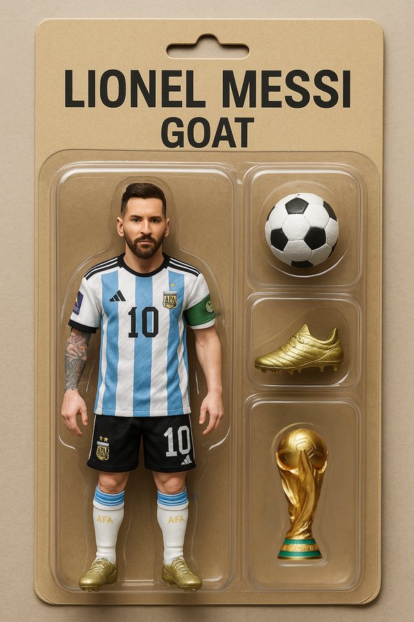 Create a toy of the person in the photo. Let it be an action figure. Next to the figure, there should be the toy's eq…