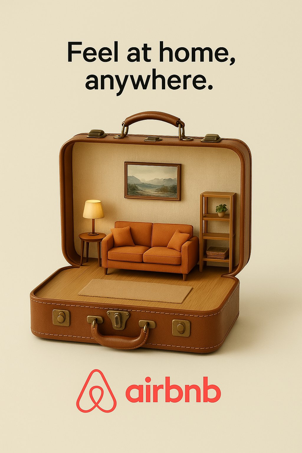 Create Airbnb creative ad, show a suitcase opening like a dollhouse, revealing a cozy room inside, tagline: “Feel at…