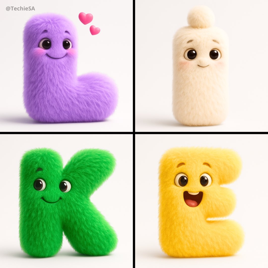 Render a delightful alphabet character ‘ ’ as a lovable fuzzy being in square 1080x1080 dimensions. Transform the typ…
