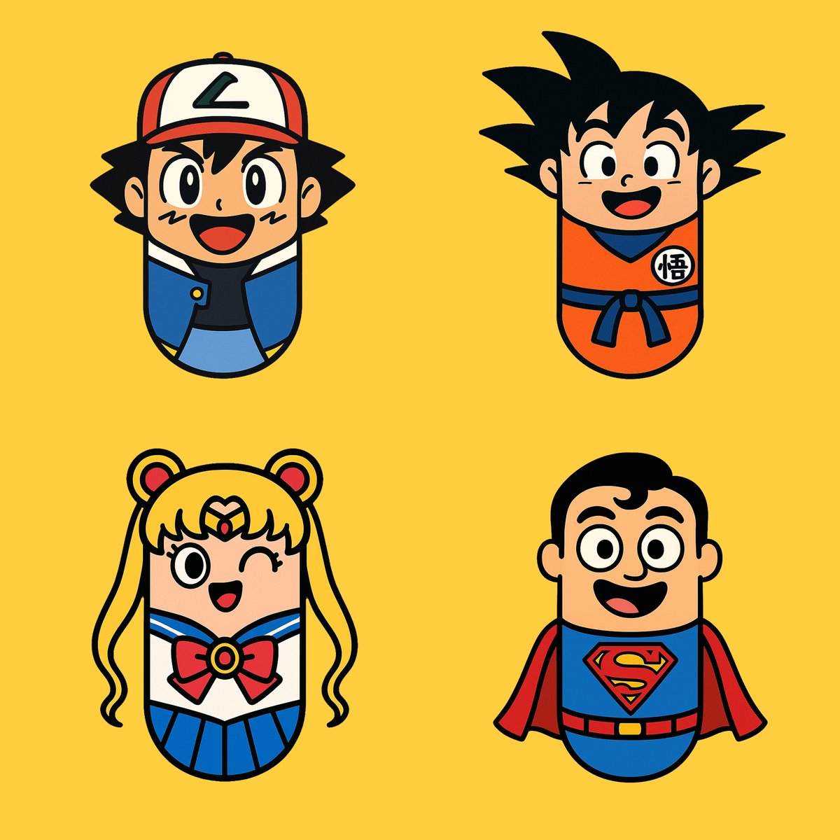 Create a stylized cartoon illustration of with a smooth, vertical pill-shaped body (rounded on top and bottom, symmet…