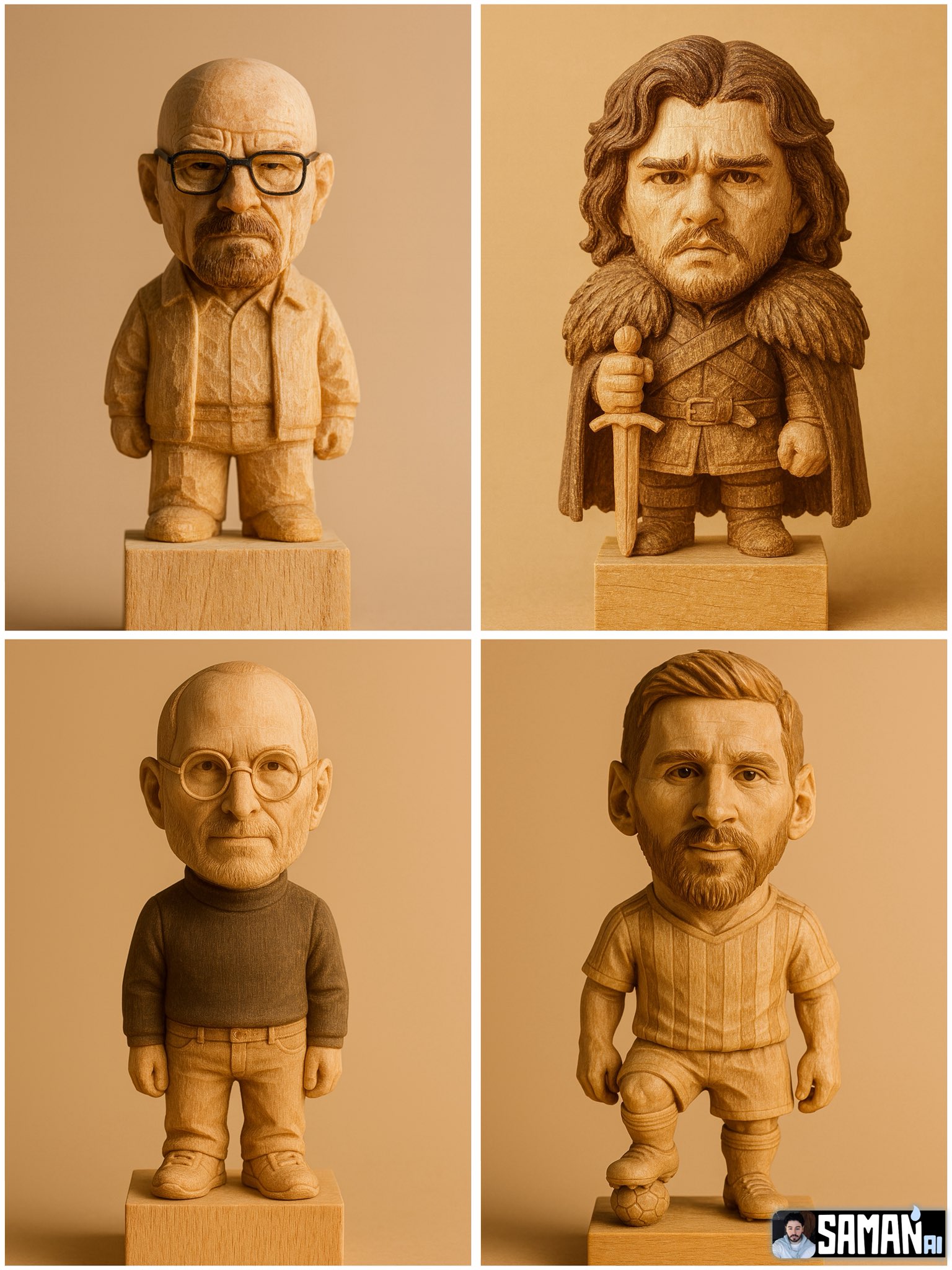 Hyper-realistic carved wooden figurine of , chibi proportions (big head, short body), standing on a plain wood block.…
