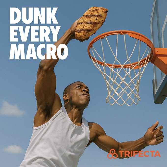 Muscular African man dunks a grilled chicken breast into a basketball hoop with 'DUNK EVERY MACRO' text, under a clea…