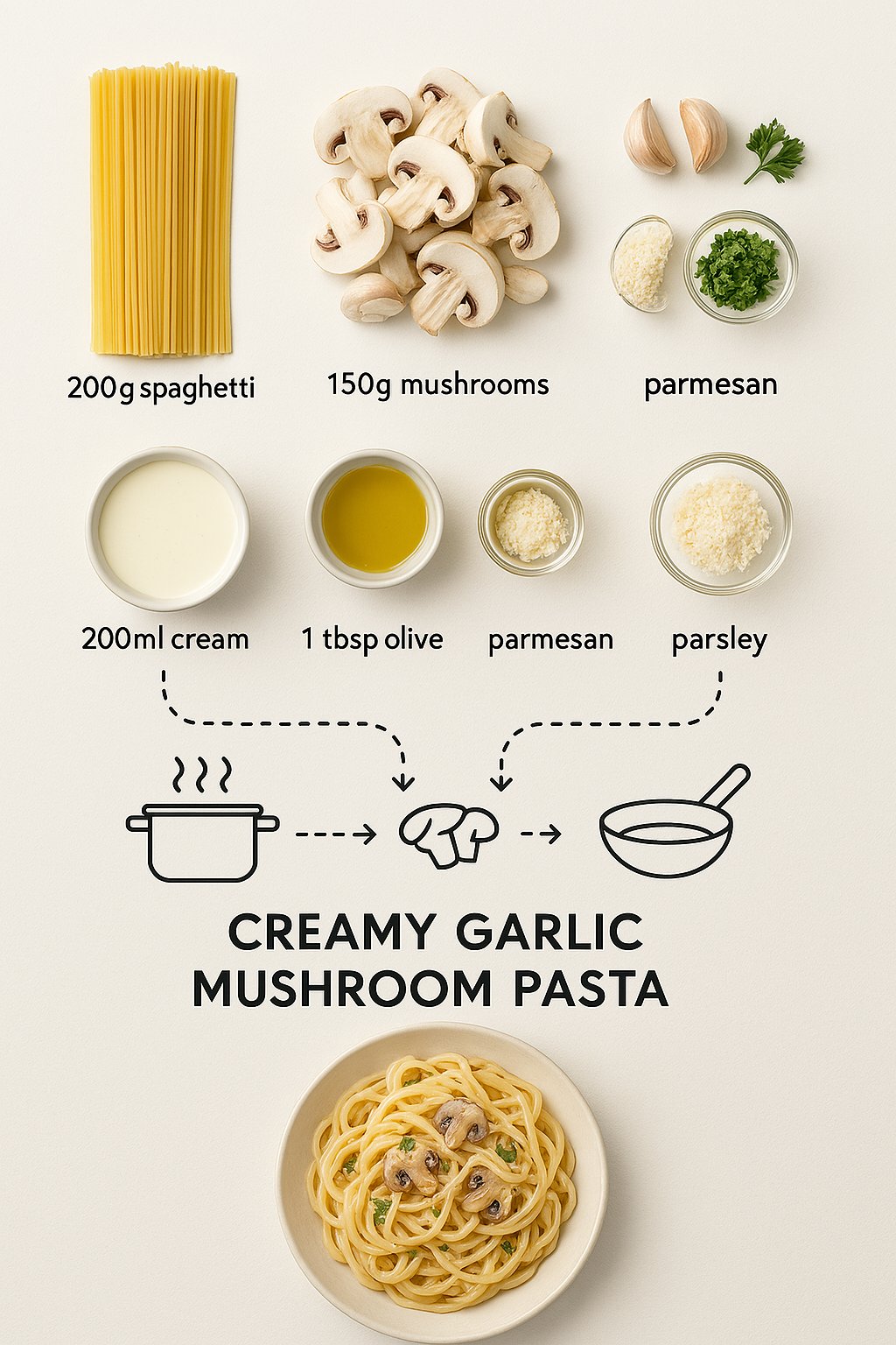 Create step-by-step recipe infographic for creamy garlic mushroom pasta, top-down view, minimal style on white backgr…