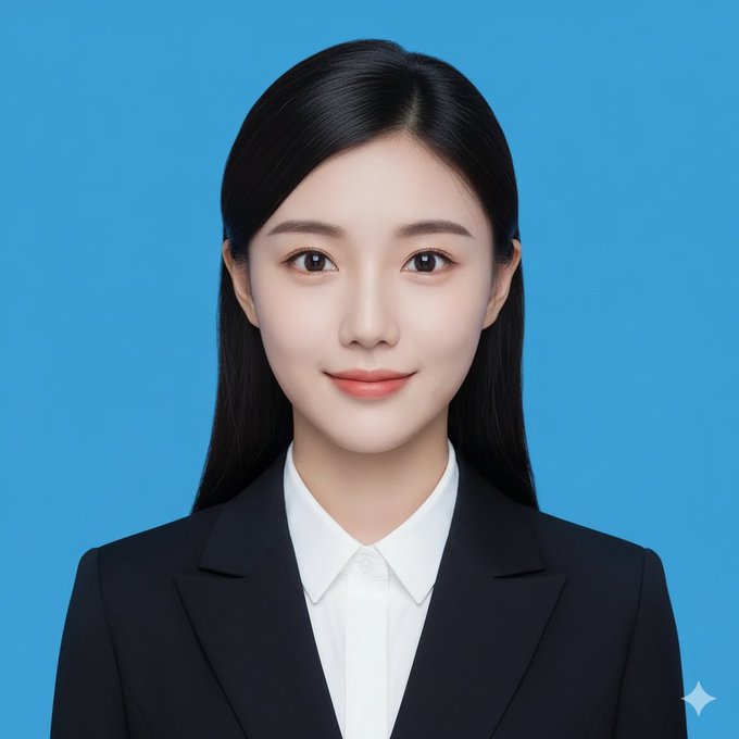 截取图片人像头部，帮我做成2寸证件照，要求: 1、蓝底 2、职业正装 3、正脸 4、微笑