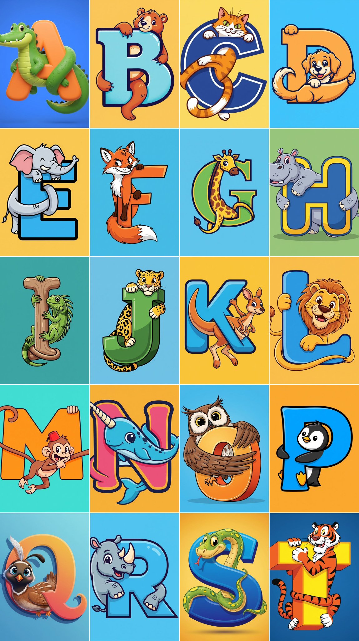 A stylized capital letter with a cartoon intertwined with it, on a solid color background