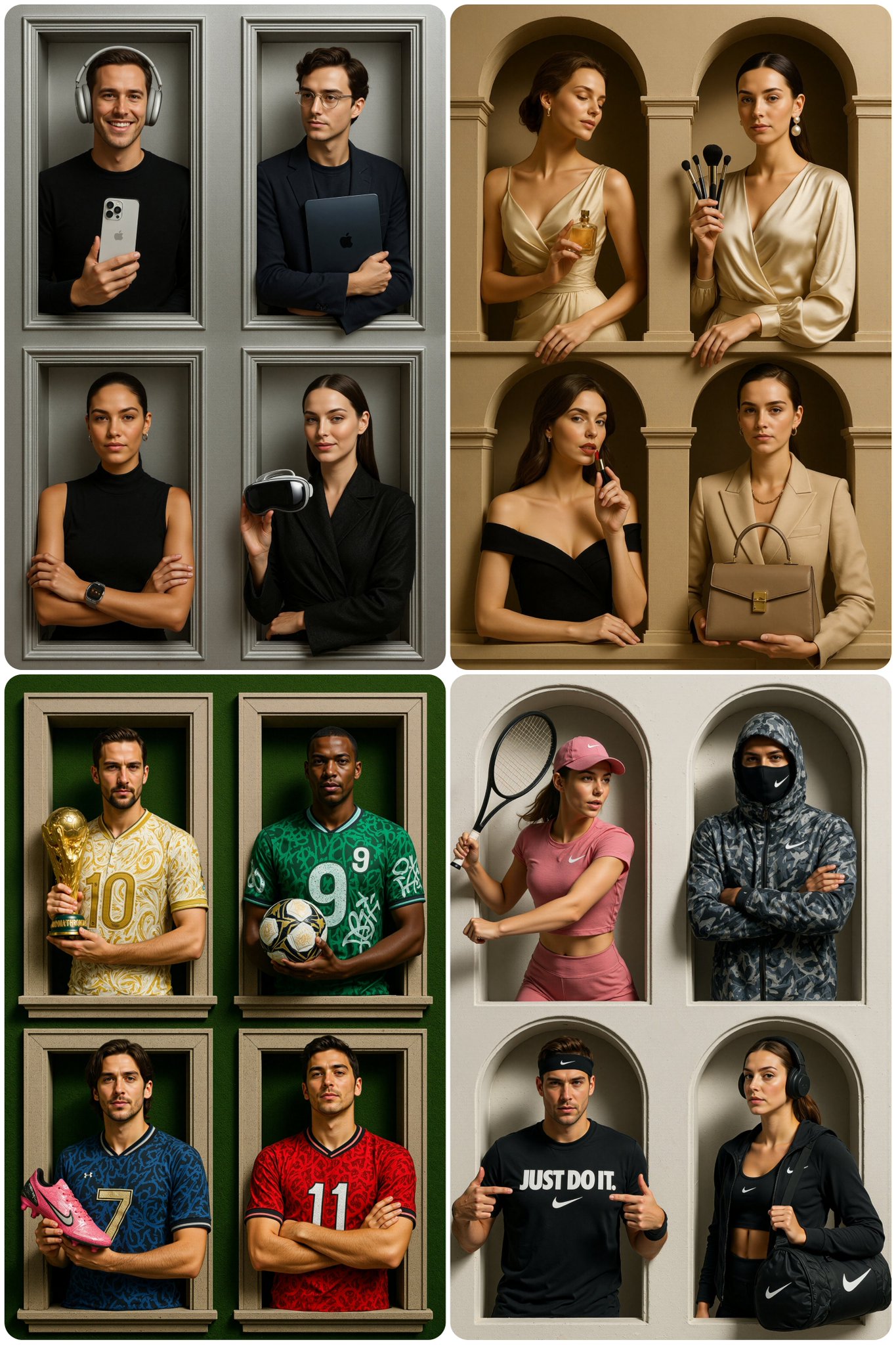 A luxury brand advertisement featuring four stylish , each posed in separate architectural window frames set, each sh…