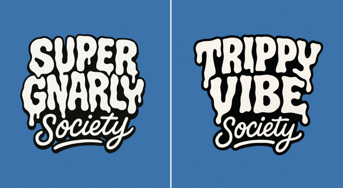 Create a bold, warped cartoon-style text design with two distinct layers. The top layer should say “SUPER GNARLY” in…