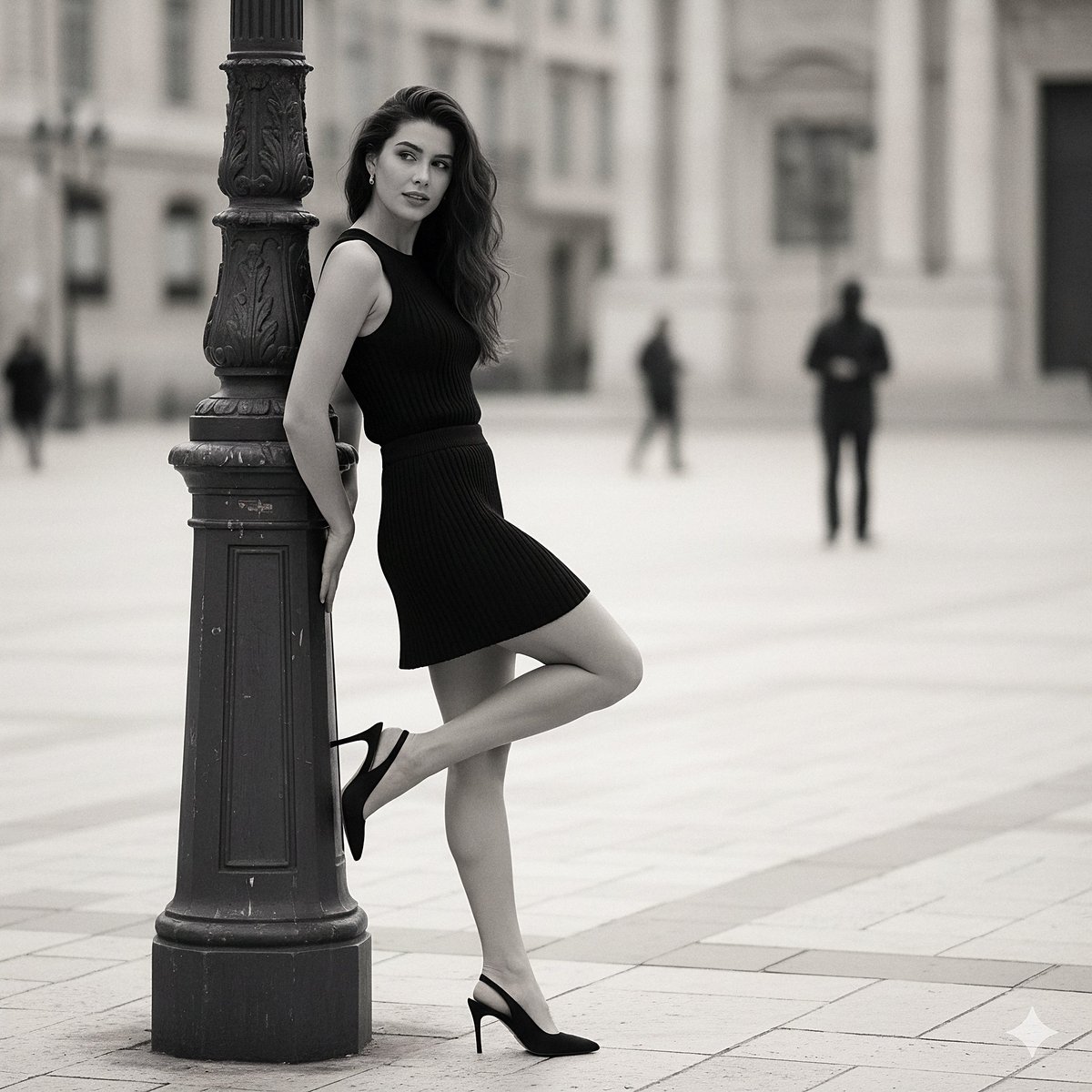 A hyperrealistic fashion photograph replicating a specific street style moment: a woman in a black knit set posing el…