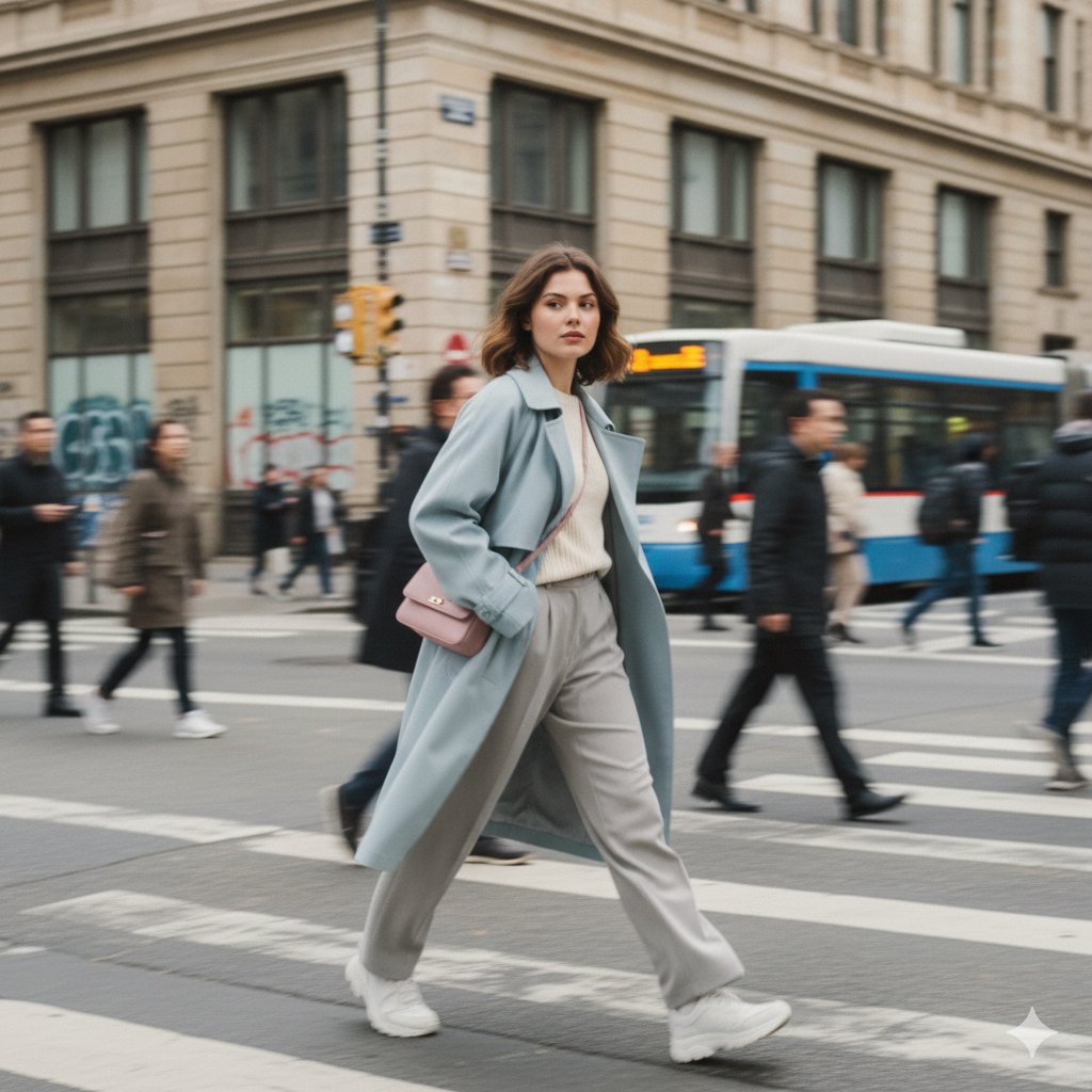 CINEMATIC STREET PHOTOGRAPHY, STYLISH YOUNG WOMAN IN MOTION, URBAN ENVIRONMENT, MOTION BLUR EFFECT. BLURRED PEDESTRIA…