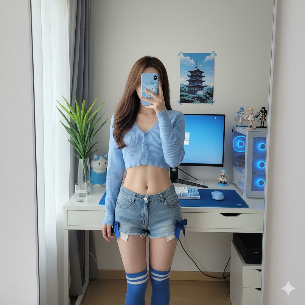 场景 镜子自拍,御宅族电脑角落,蓝色调 --- 主体 性别表现 : 女性 年龄段 : 25岁左右 种族 : 东亚 身材 : 苗条,腰线分明;身材比例自然 肤色 : 浅中性色调 发型 : 长度 : 及腰长发 样式 : 直发,发尾微卷 颜…