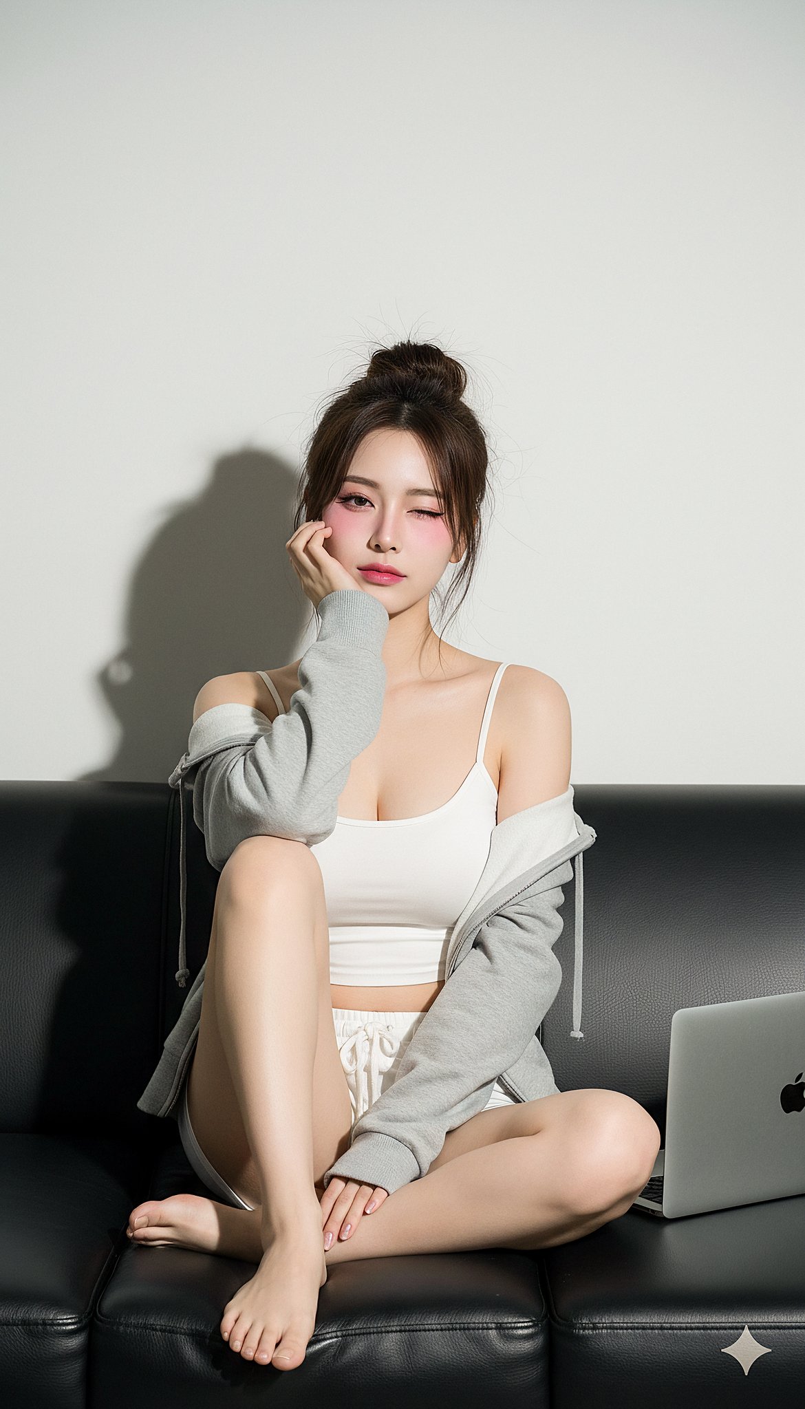 High-key studio portrait, direct flash aesthetic, East Asian social media style (e.g., Ulzzang, Douyin), stylized bea…