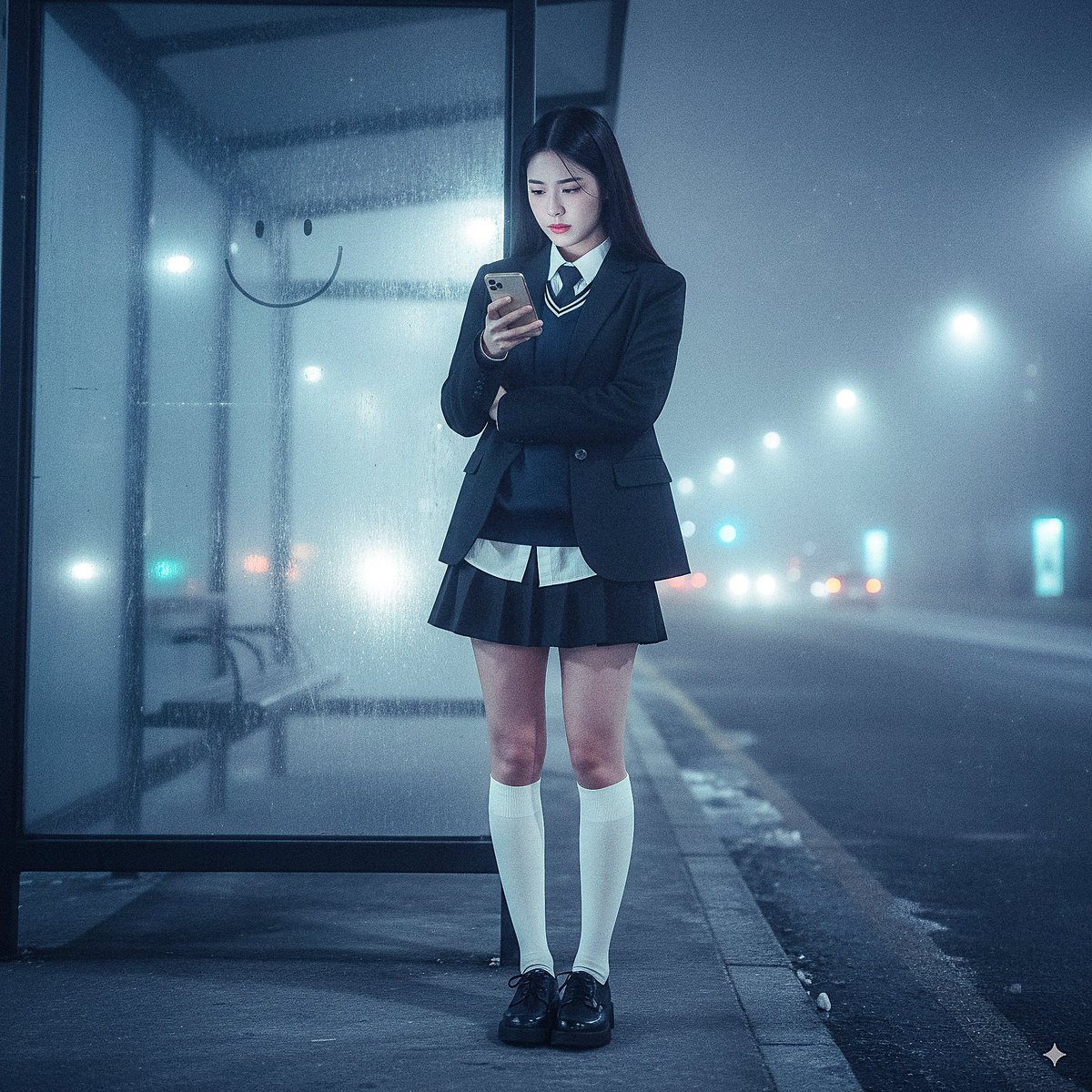 A hyper-realistic, 4K, full-body night-time portrait of a 23-year-old Korean woman with clear pale skin and long stra…