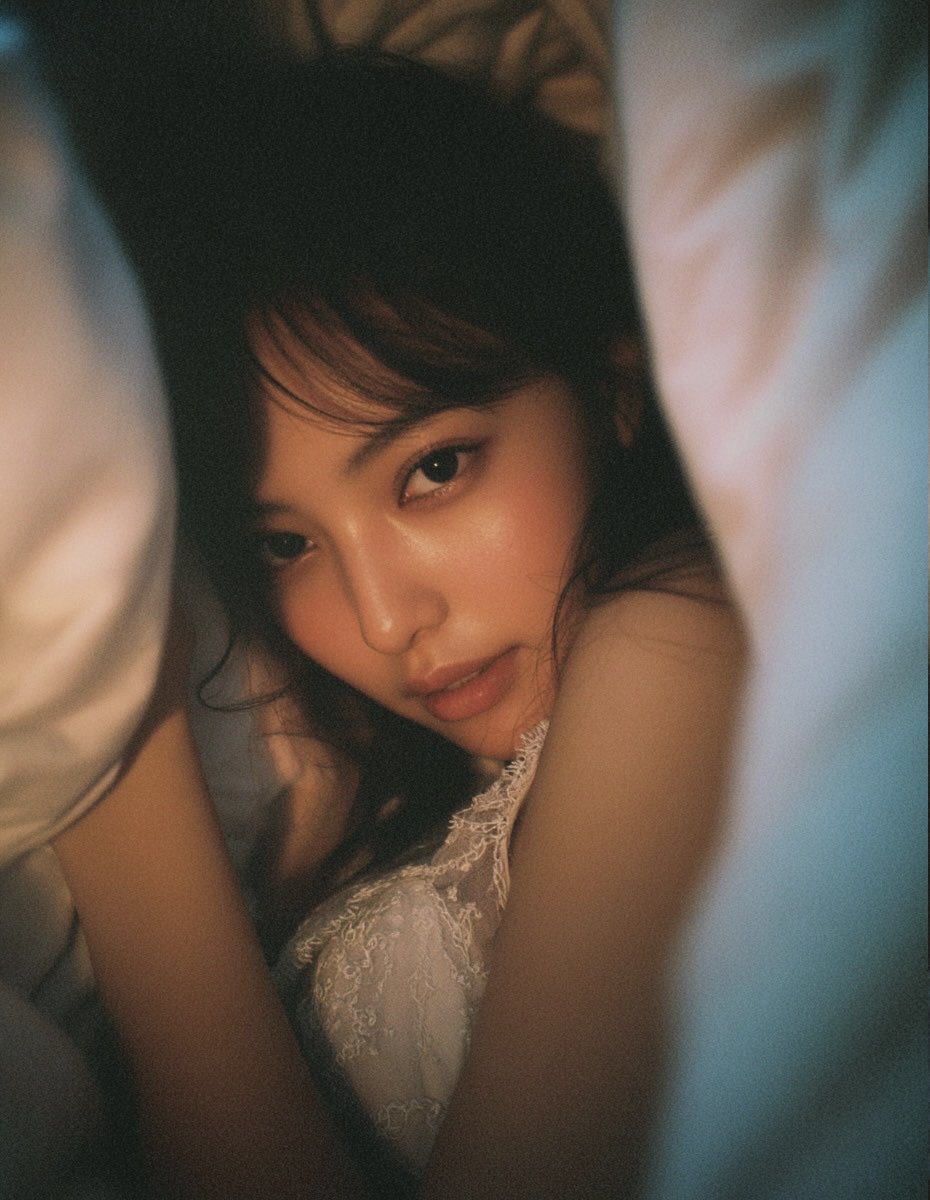 a dreamy intimate portrait of a beautiful realistic asian woman lying under a blanket, soft natural light, cozy warm…