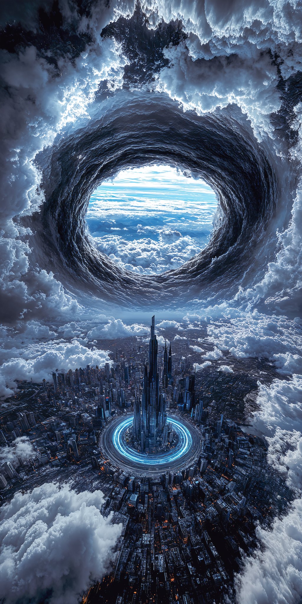 A massive spiral vortex tears through storm clouds above a futuristic illuminated city, revealing blue sky beyond a v…
