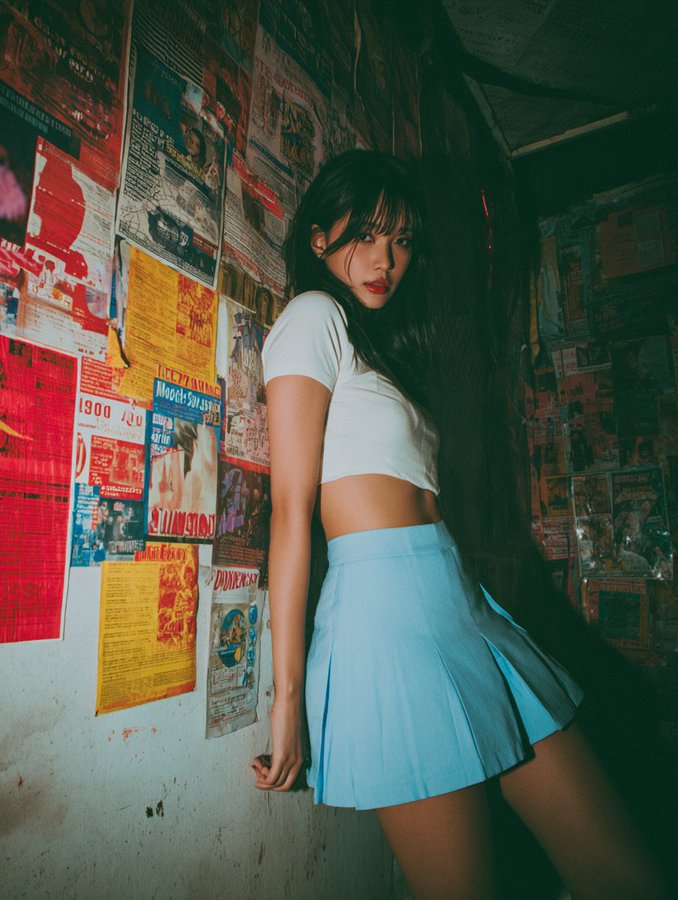 The image features a subject with long, dark hair, dressed in a short-sleeved, cropped white top and a high-waisted,…