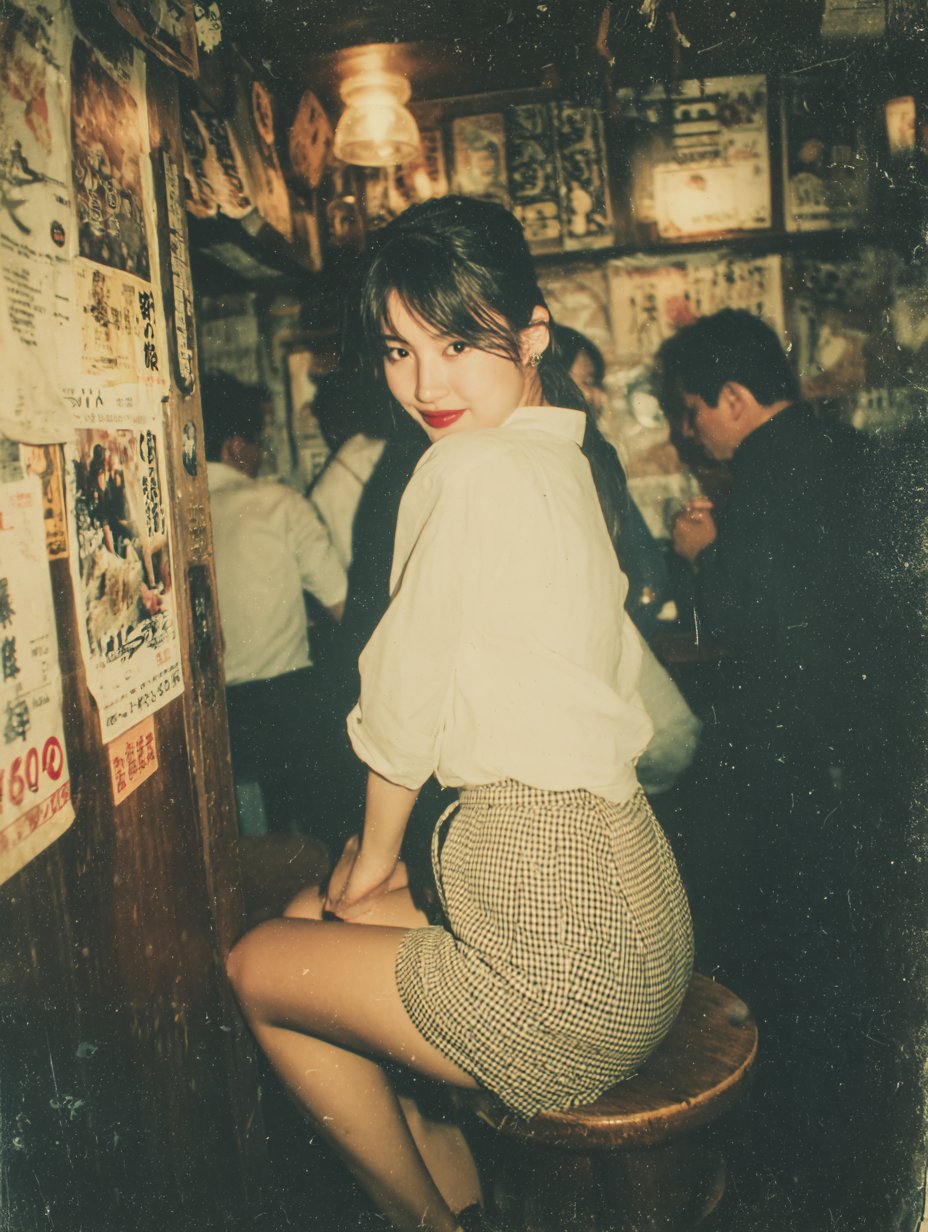 A flash snapshot taken in a small, crowded Japanese izakaya, filled with handwritten menus, old posters, and wooden t…