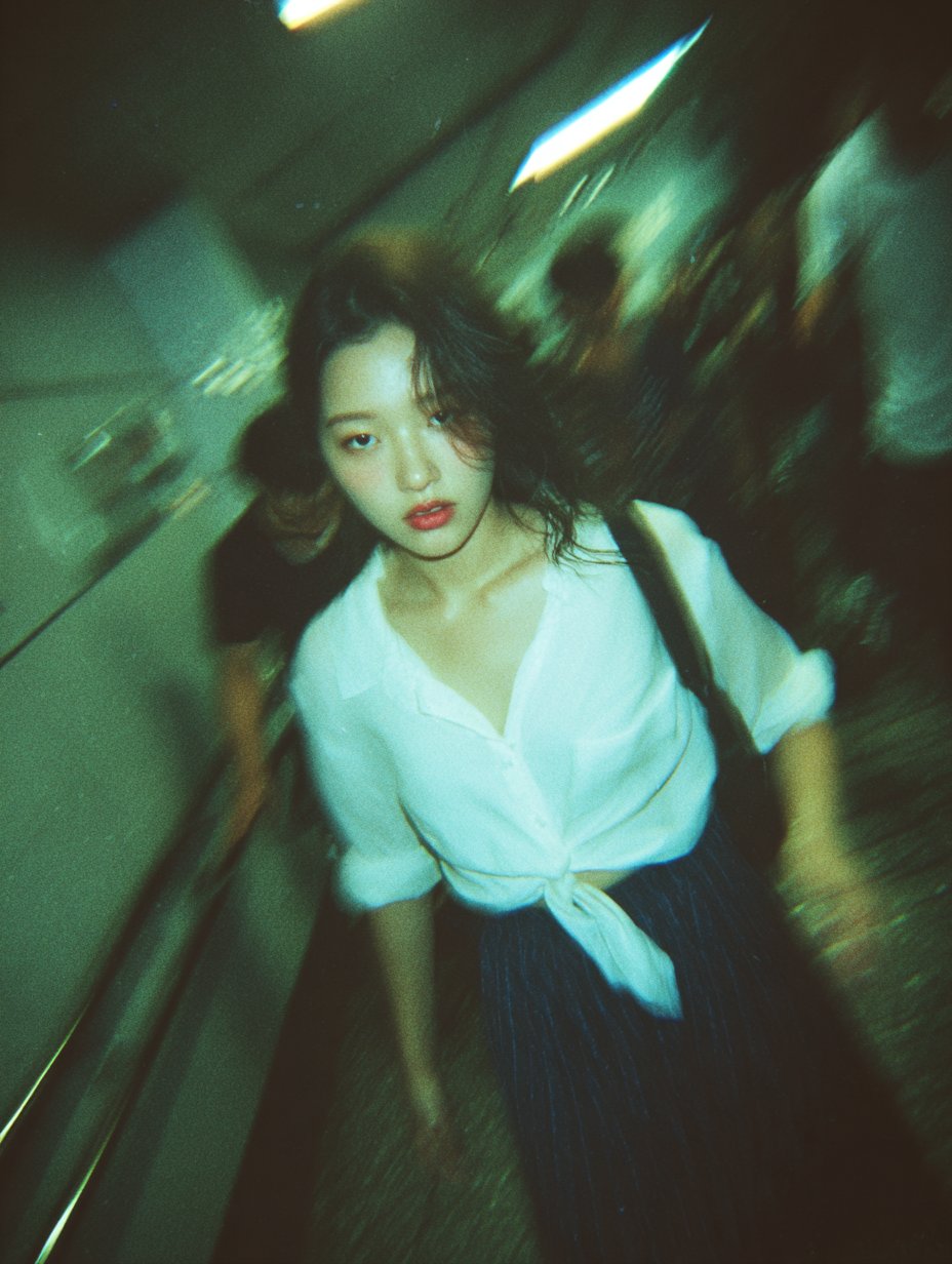 A blurry, high-grain snapshot taken in a Tokyo subway stairwell, charged with motion, humidity, and raw urban energy.…