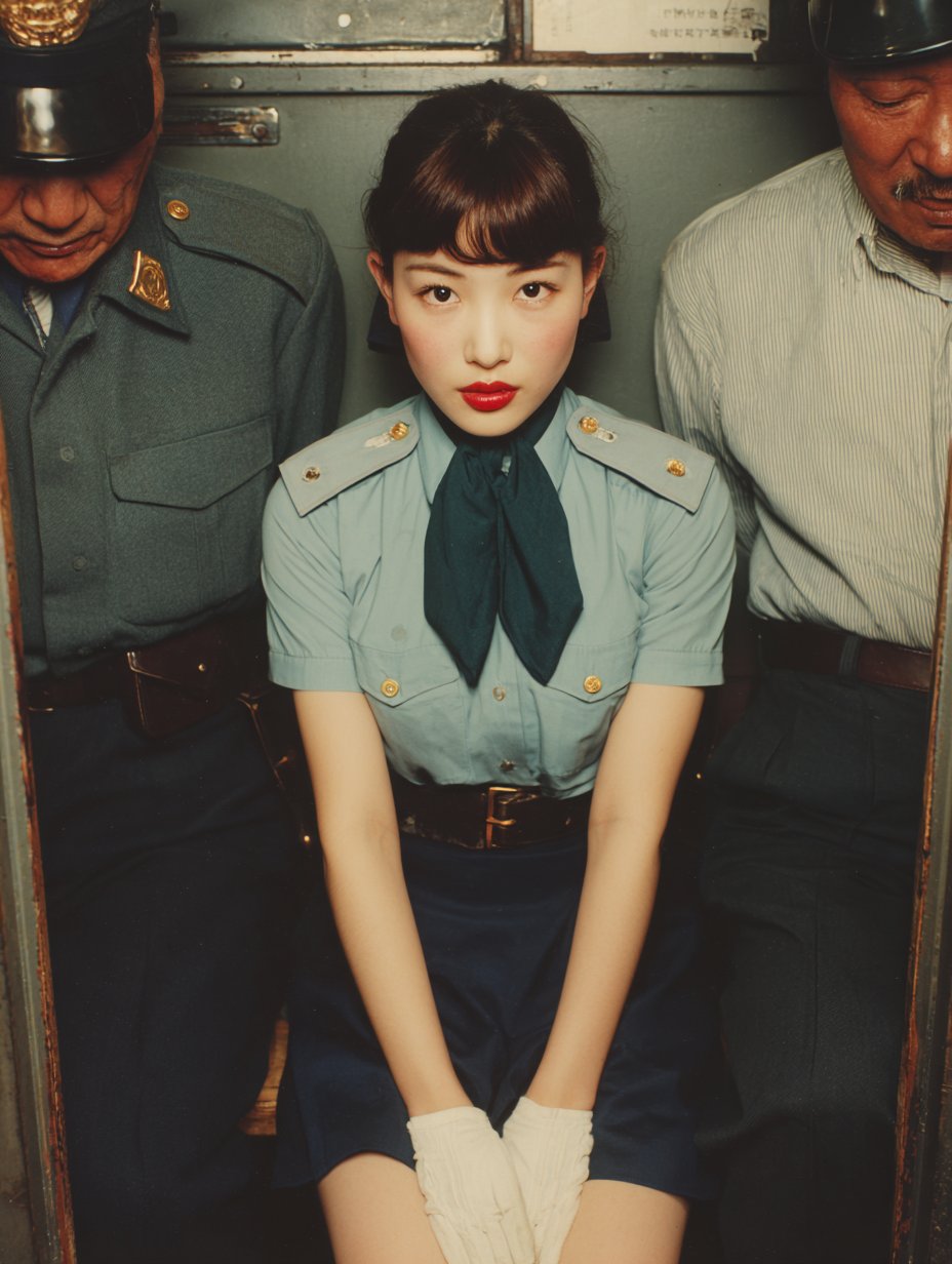 a young beautiful Japanese woman with porcelain skin, soft makeup and bright red lips, straight chestnut-brown hair n…
