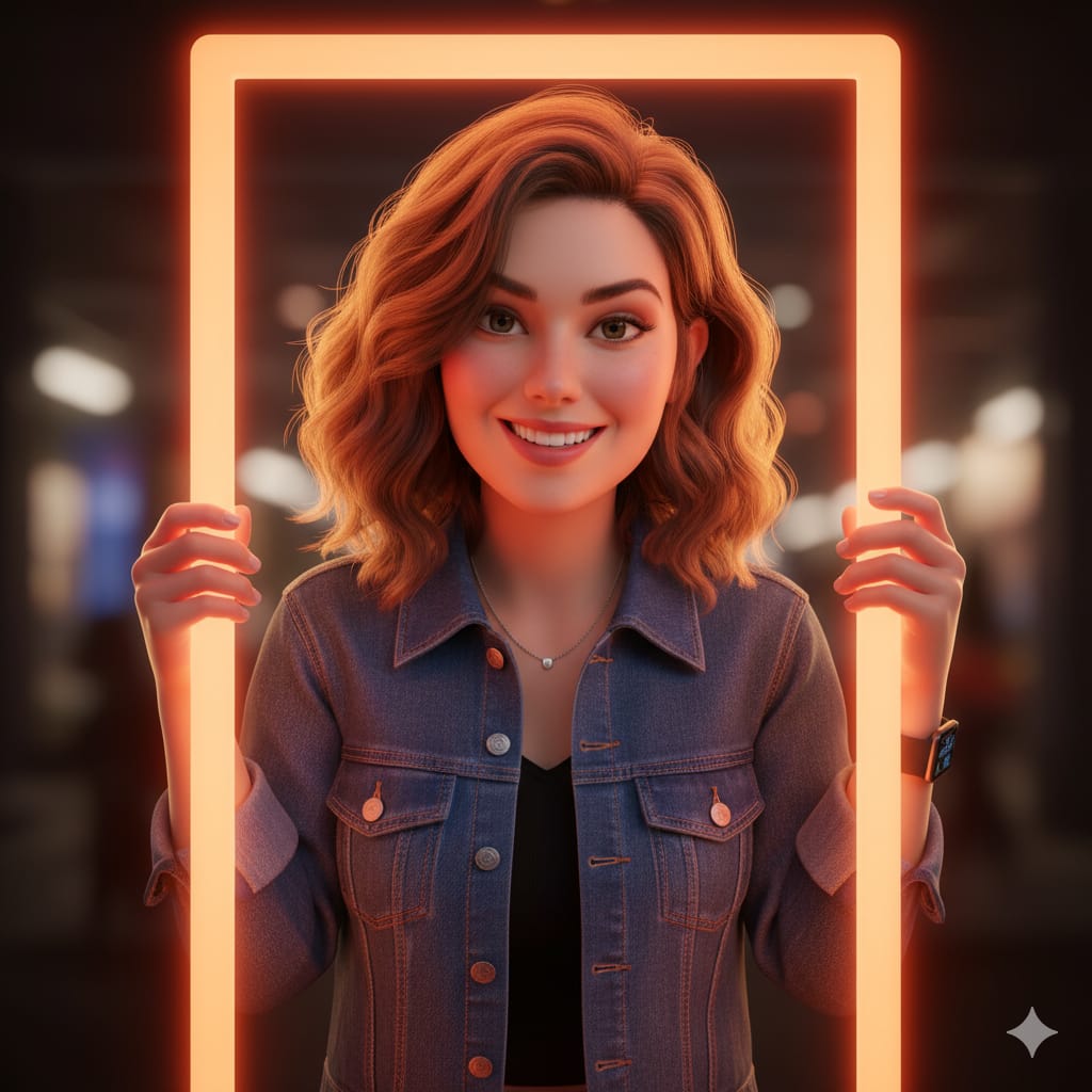 A hyper-realistic 3D digital illustration of a woman with her natural facial features, hairstyle, and skin tone uncha…