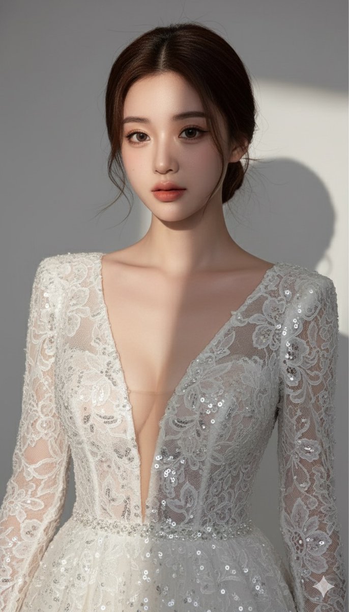 Ultra-detailed, photorealistic portrait of a beautiful woman, high fashion editorial, deep white plunging V-neck lace…
