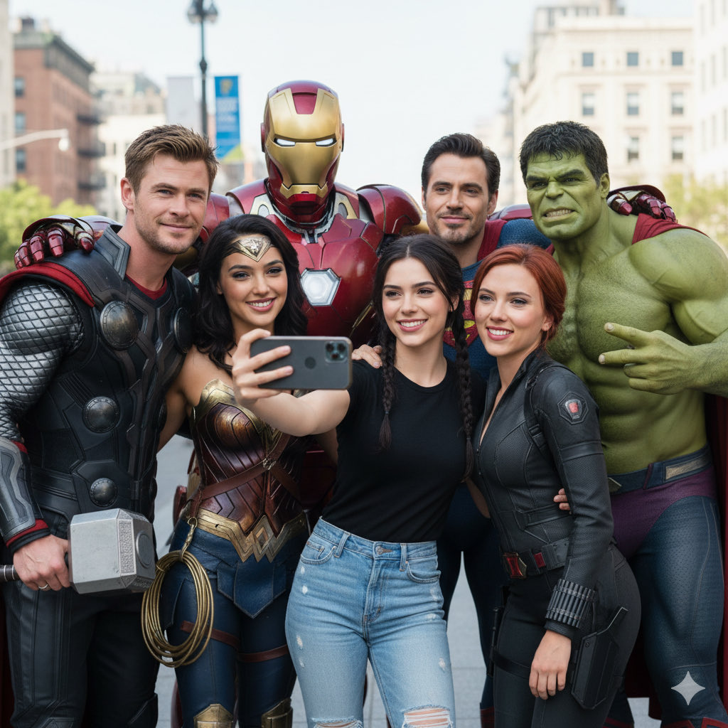 A ultra realistic group selfie, center is the person from the attached image (uploaded image facial details), wearing…