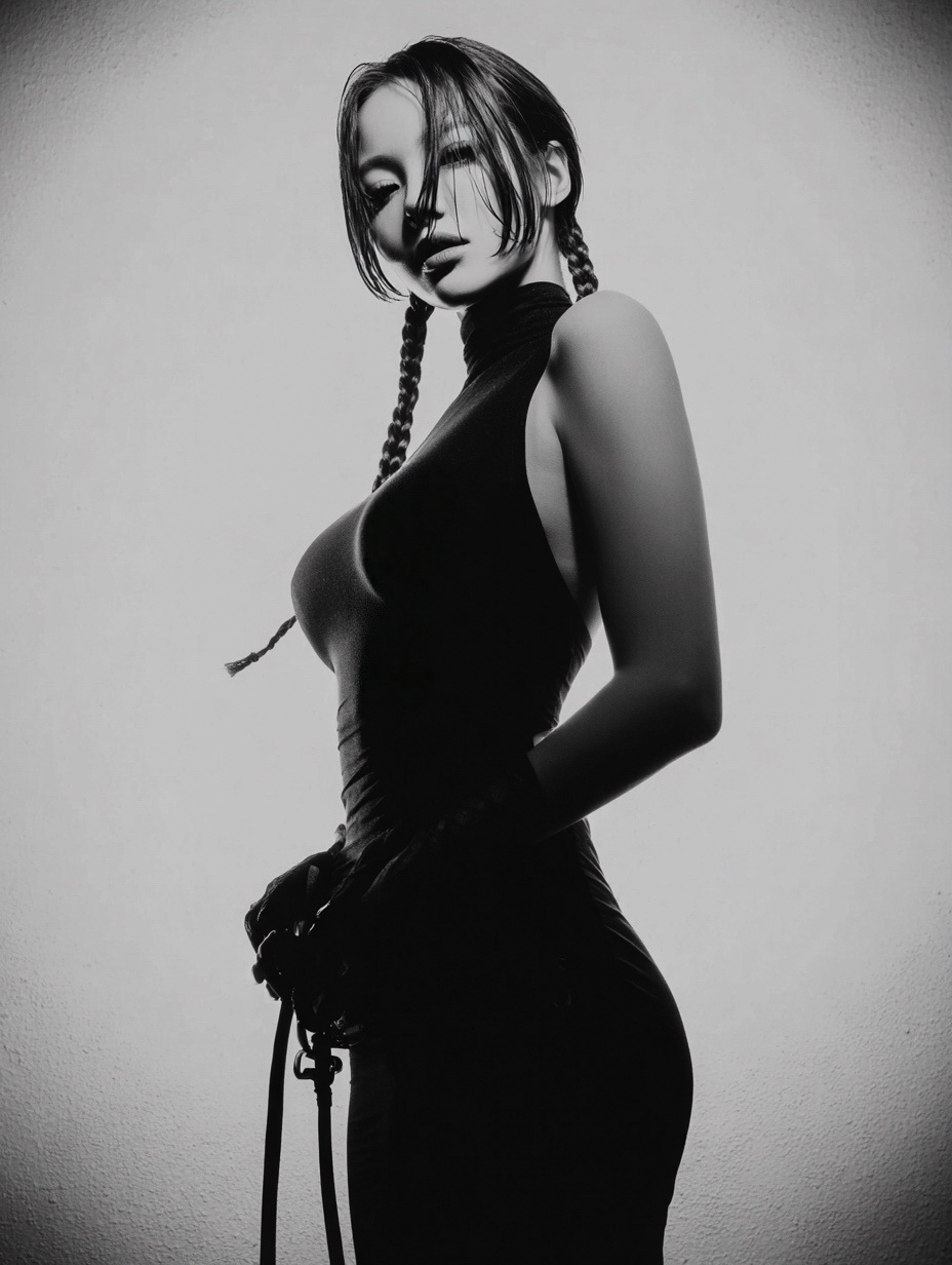 a woman standing confidently in a minimalist studio, shot from a slightly low angle, half-body portrait, her head til…