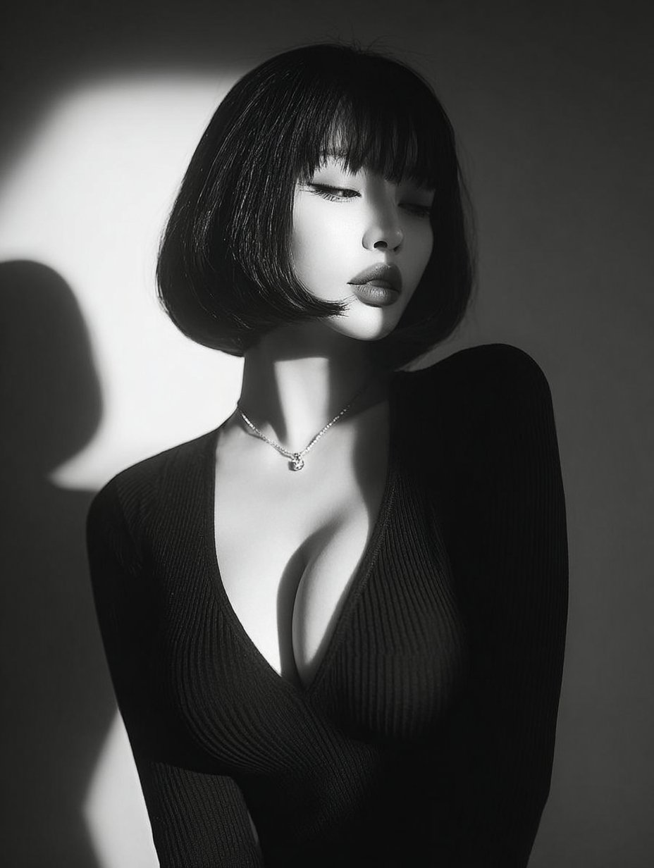 A captivating black and white close-up portrait of a beautiful young Asian woman with flawless skin, short bob haircu…