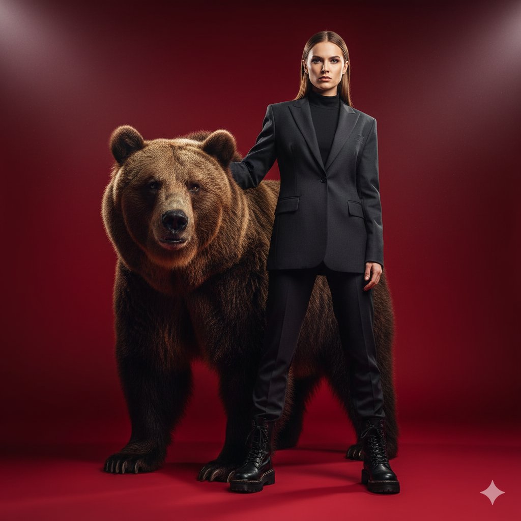 Ultra-cinematic shot of a confident, stylish woman in a sleek, dark suit blazer and combat boots, standing with a mas…