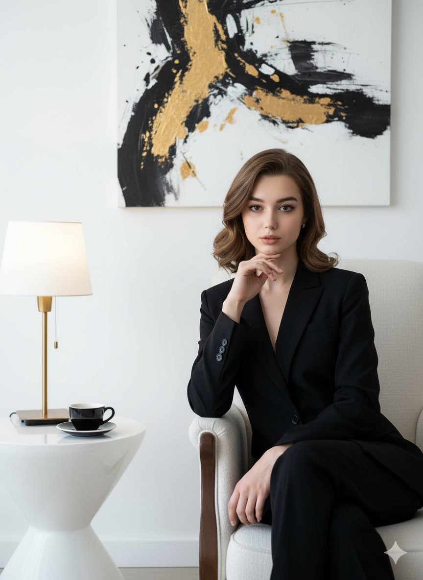 A beautiful, confident woman wearing a black suit sits elegantly on a luxurious white chair that highlights her slim,…