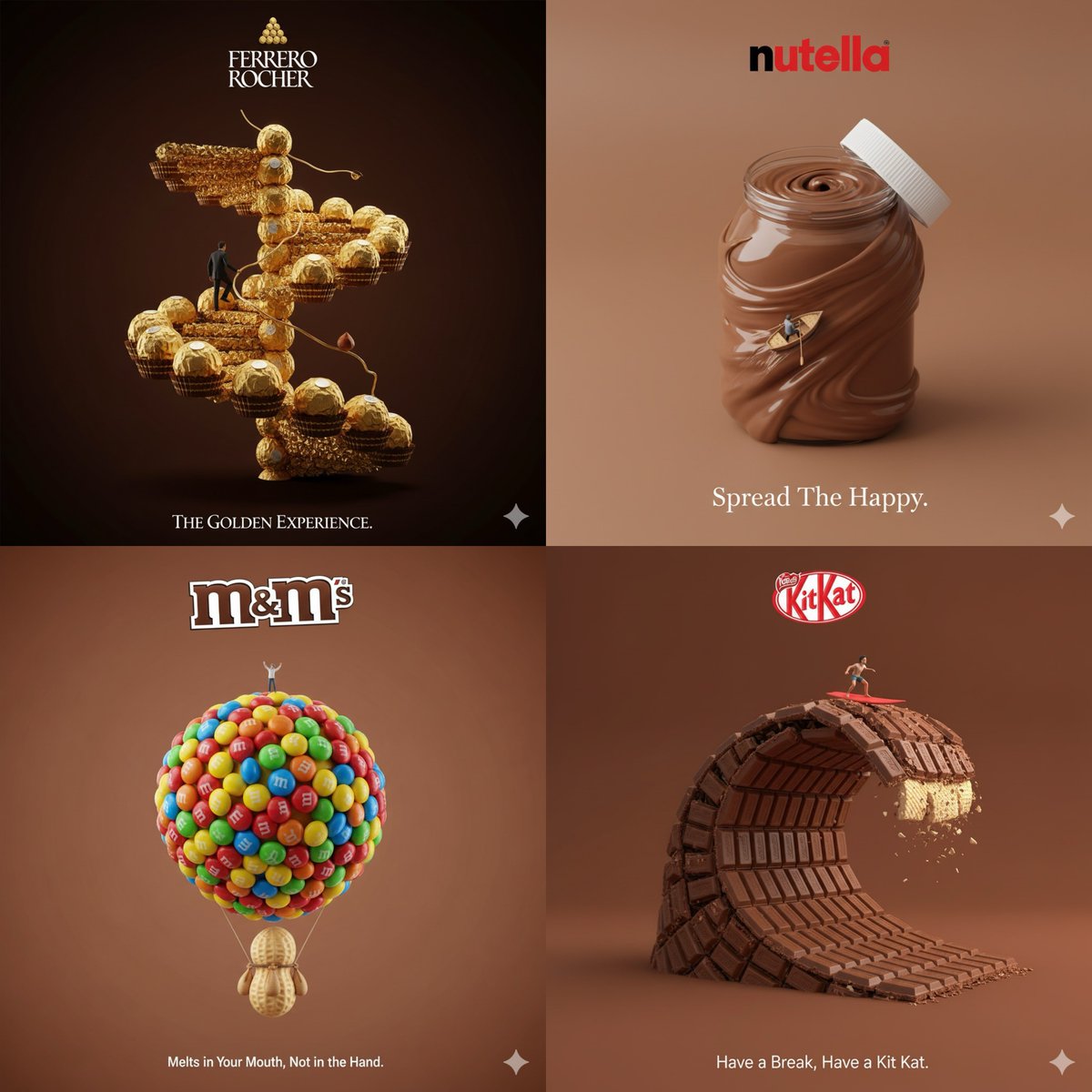 Creative 3D ad for , with surreal object made from it, matching background color, real slogan below, logo on top, min…