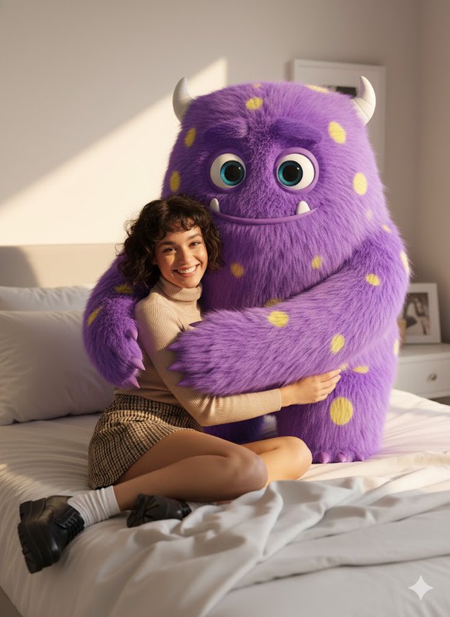 make me sit next to a giant fluffy cute cartoon monster. I am real realistic but monster is 3d cartoon. It’s hugging…