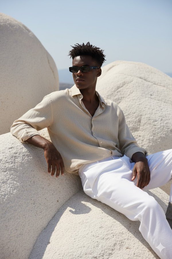 A hyper-realistic portrait of a young man sitting on large, smooth white rocky formations under natural sunlight. He…