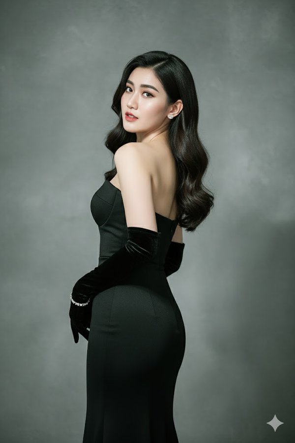 Create the highest-resolution picture of me posing elegantly with my back slightly turned and my head looking over th…