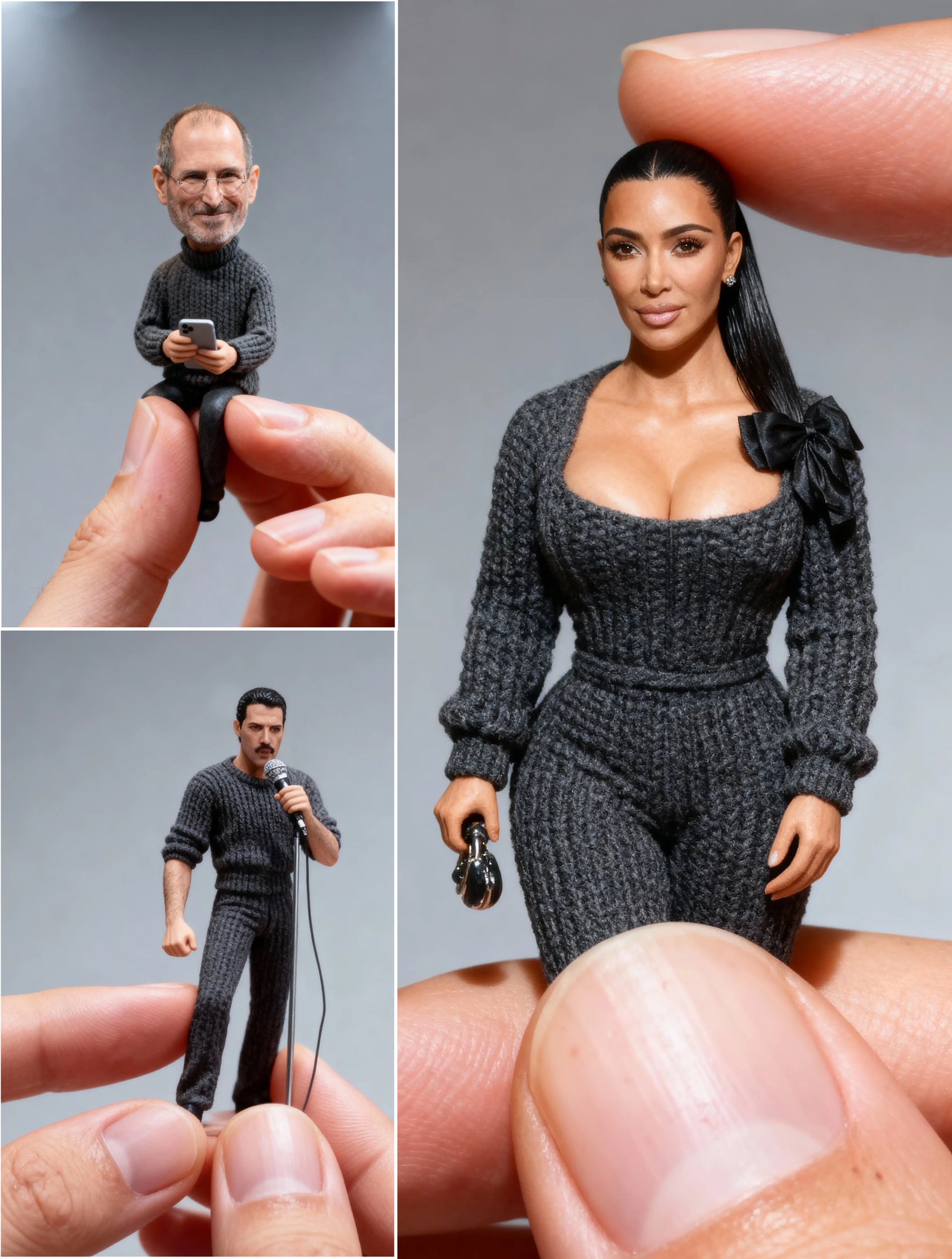 Create a hyper-real macro photograph of a tiny (CHARACTER) about 10–12 cm tall, gently held between a real human thum…